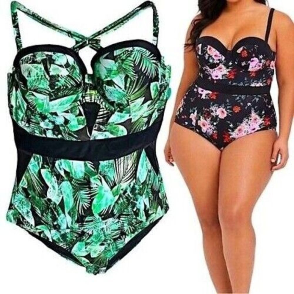 💋 Plus Size 0X,1X,2X,3X TORRID VIXEN SWIMSUIT PALM PRINT UNDERWIRE PUSH UP